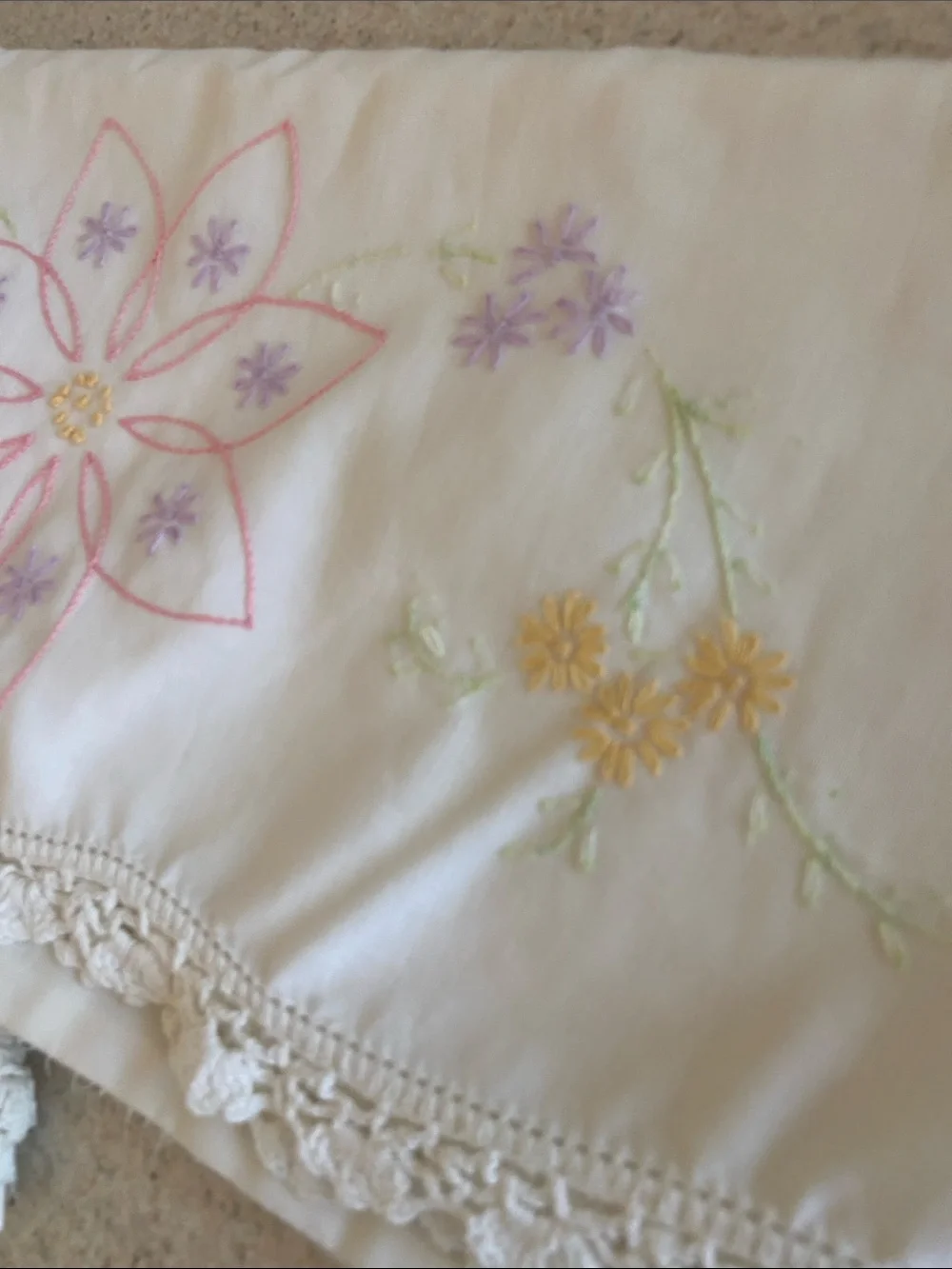 Vintage Hand Embroidered Floral Pillowcases Pair Crochet Trim